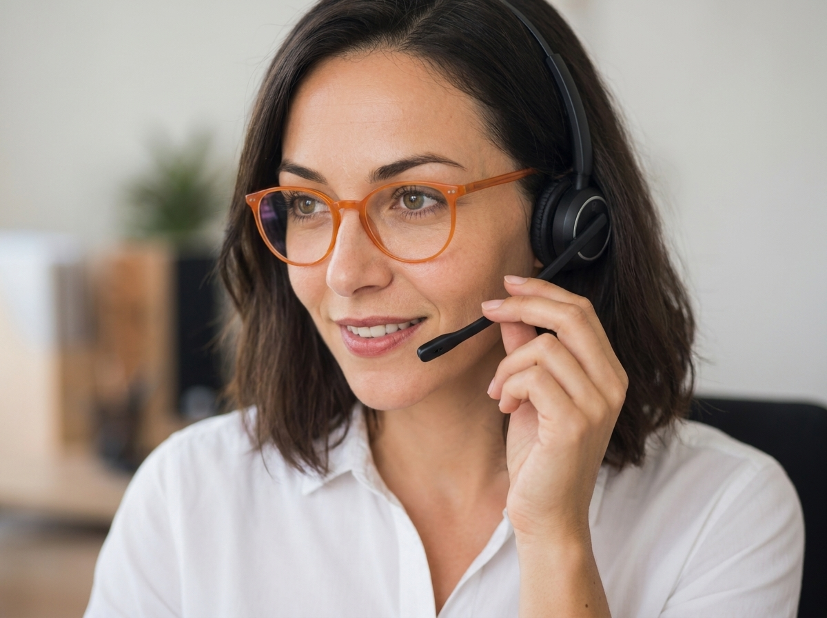 Laura mit Headset, nimmt einen Anruf entgegen