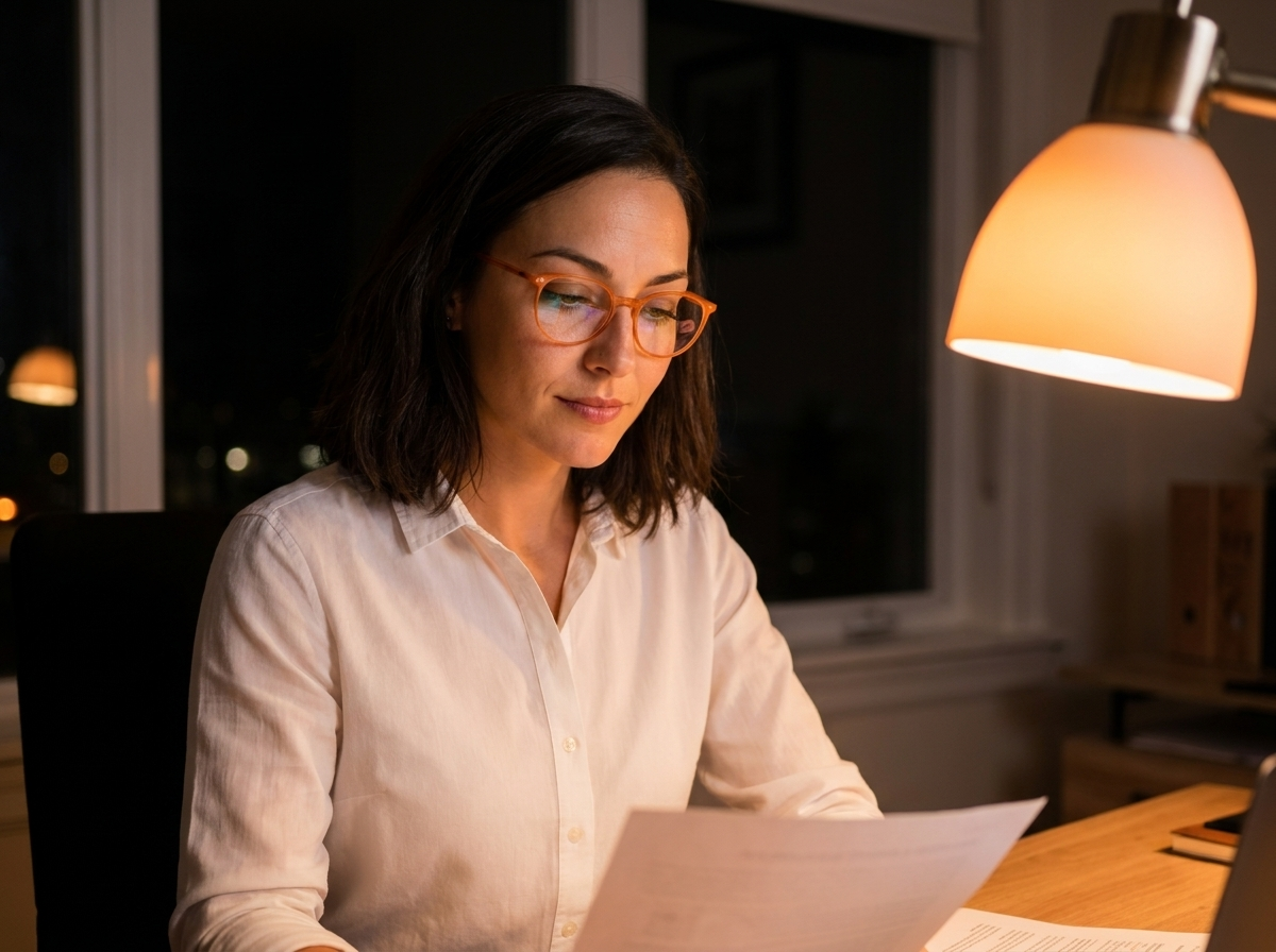 Laura abends mit Schreibtischlampe, immer noch im Dienst