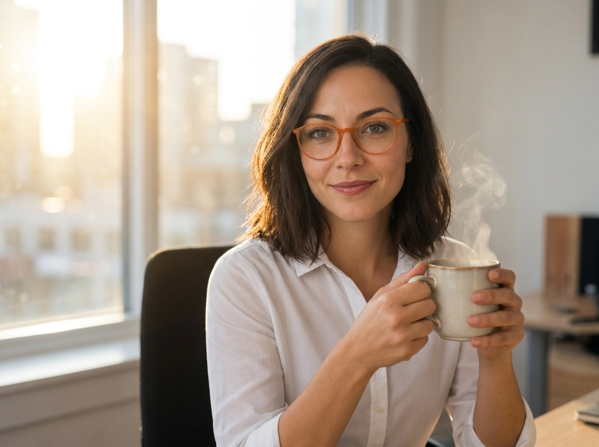 Laura früh am Morgen mit Kaffee am Schreibtisch