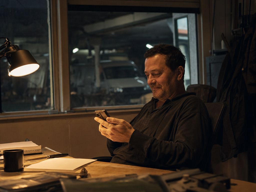 Handwerksmeister sitzt abends im Büro der Werkstatt und liest auf dem Handy die Nachricht über einen neuen Bewerber